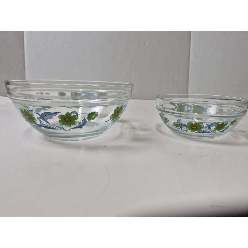 Vintage Durable Heat Resistant Glass Nesting Bowls Green Floral Set of 2